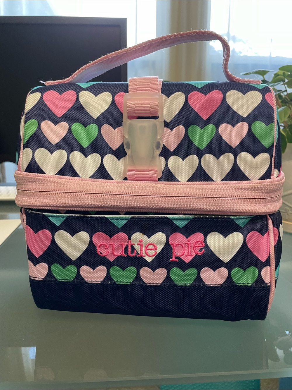 Pottery Barn Kids Lunch Bag - Navy with Pink & Green Hearts
